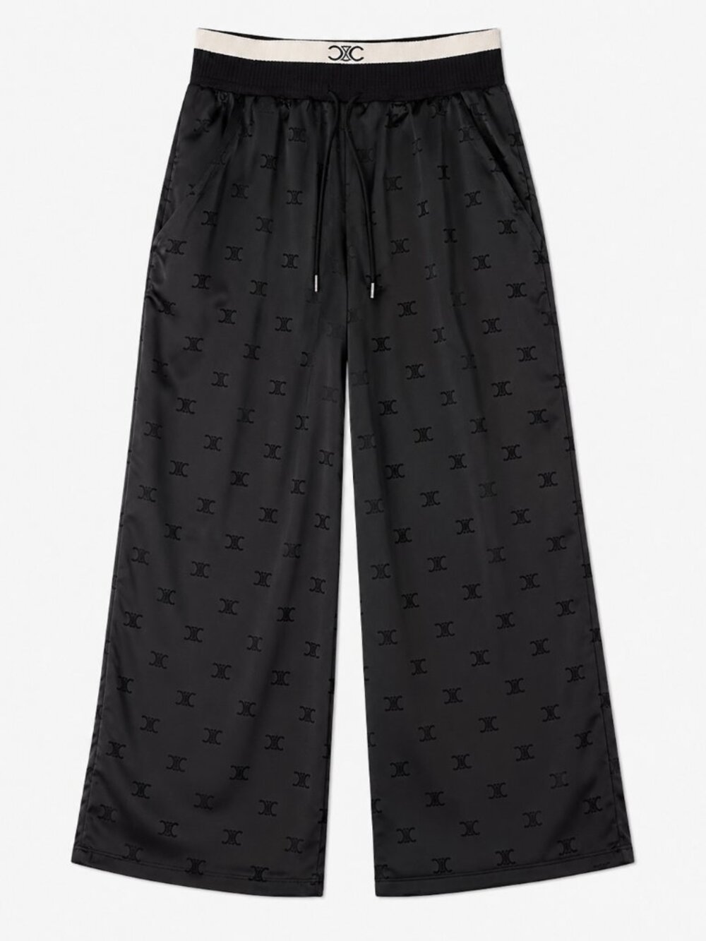 Black Monogram Satin Wide Leg Lounge Pants Drawstring Relaxed Fit Size M - Picture 2 of 8